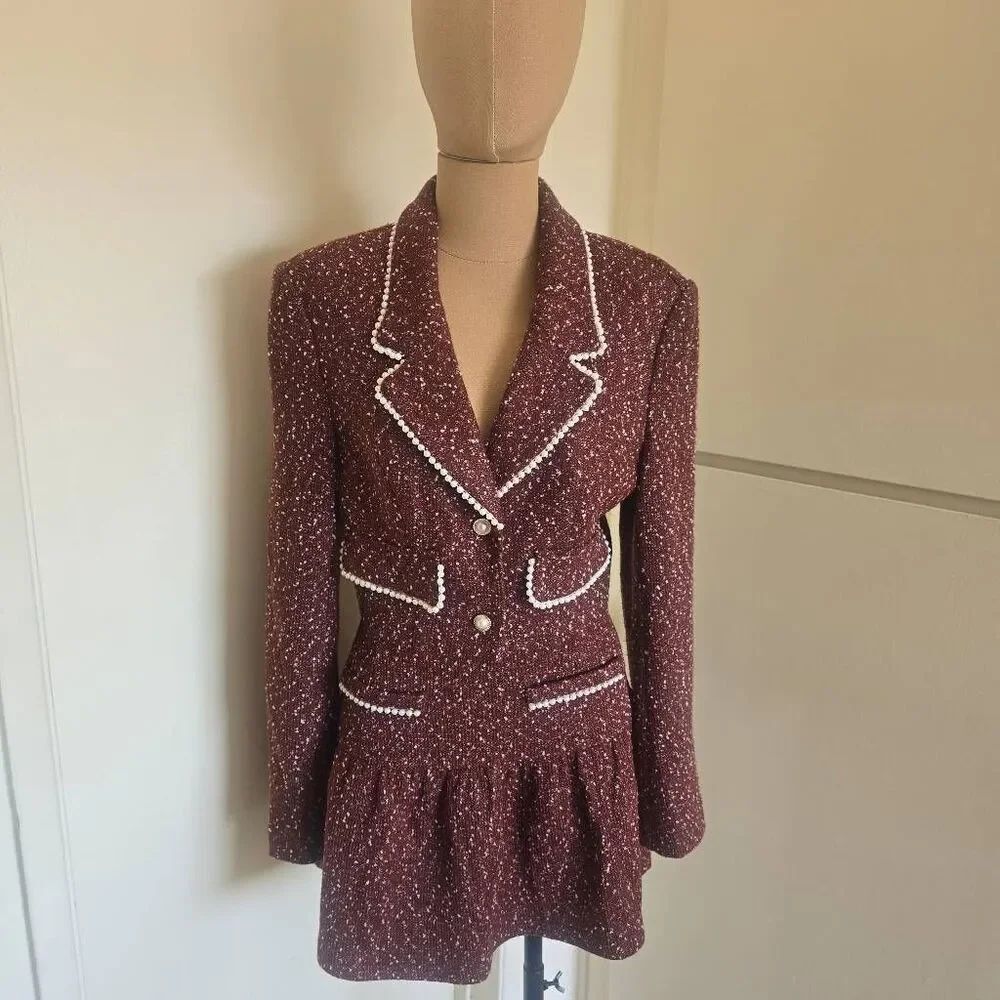SHEIN 2pc Rust/Blk/White Tweed Skirt Suit Pearl Trim Crop Jkt Mini NWOT SAMPLE S
